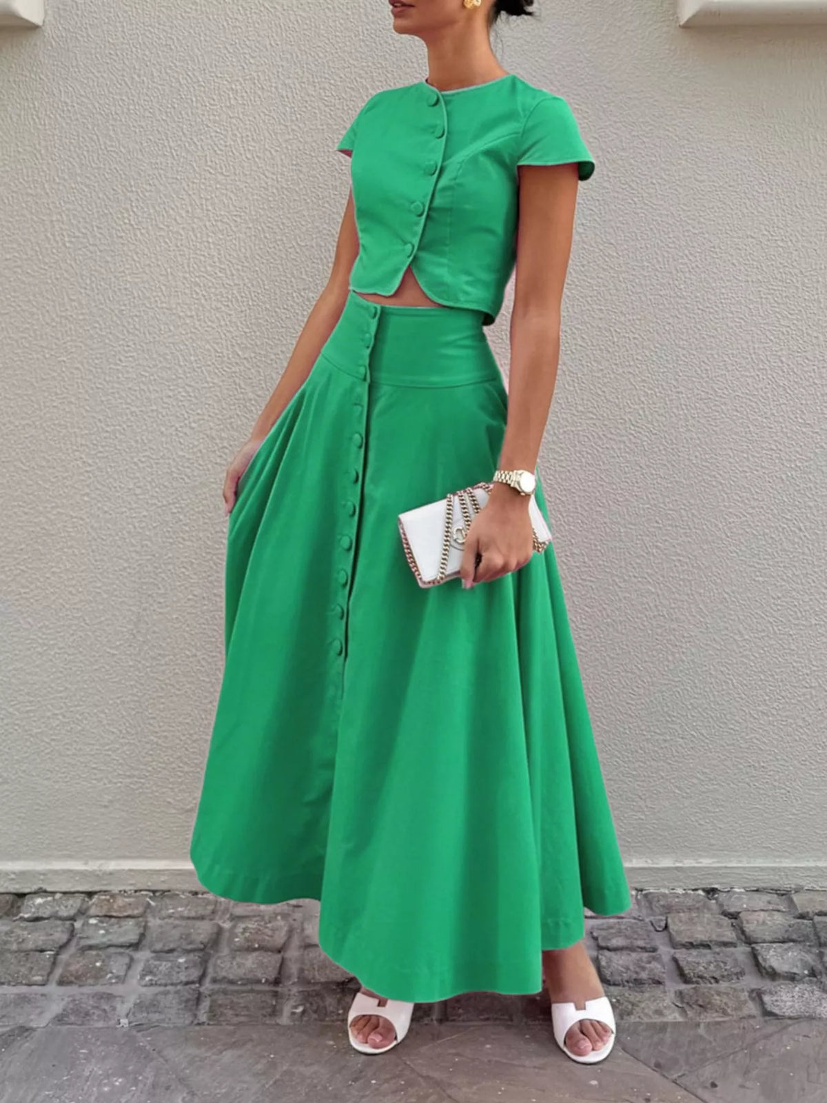 Cap Sleeve Button-Down Crop Top and Midi Skirt Set, view 19