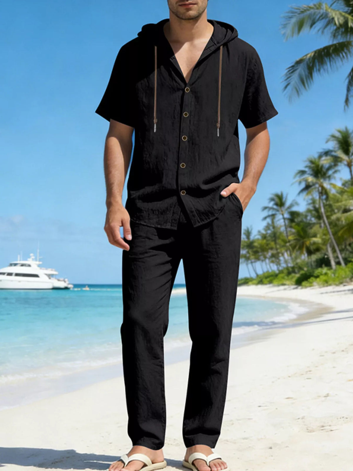 Men's Full Size Button Up Hooded Top and Pants Set Plus Size - Lilixa.store