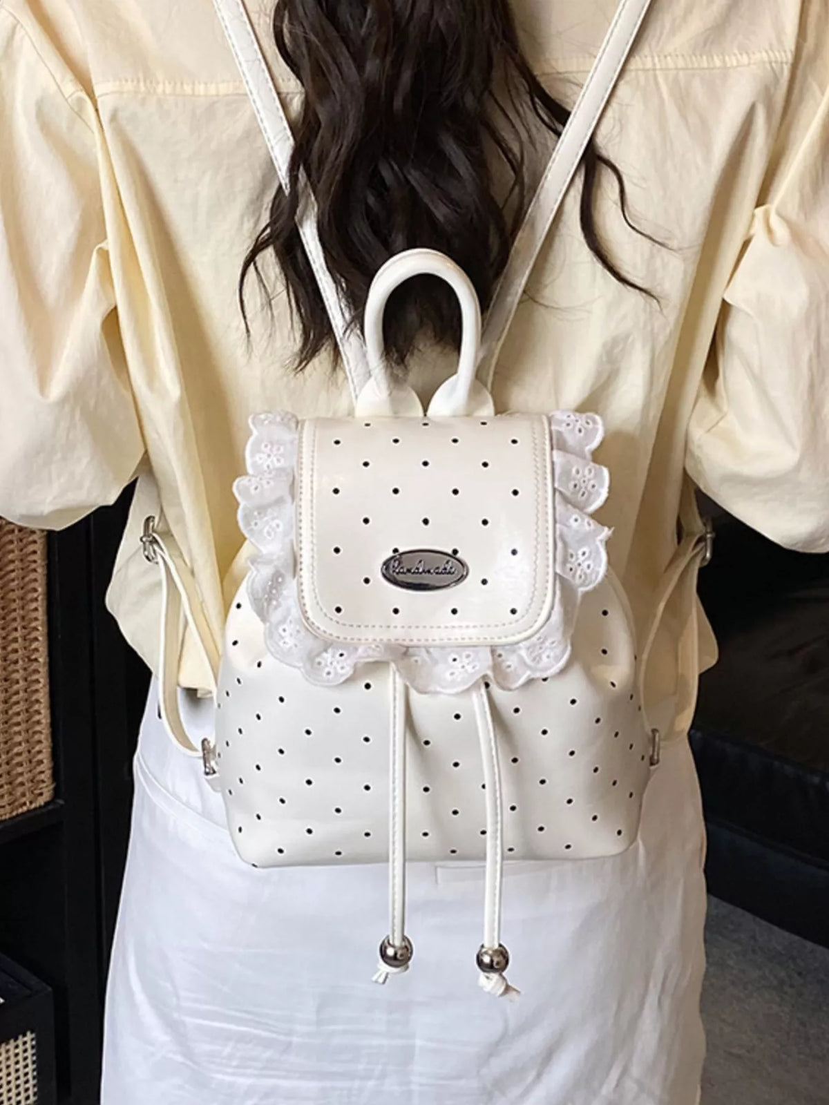 Polka Dot Lace Trim Backpack Bag - Lilixa.store