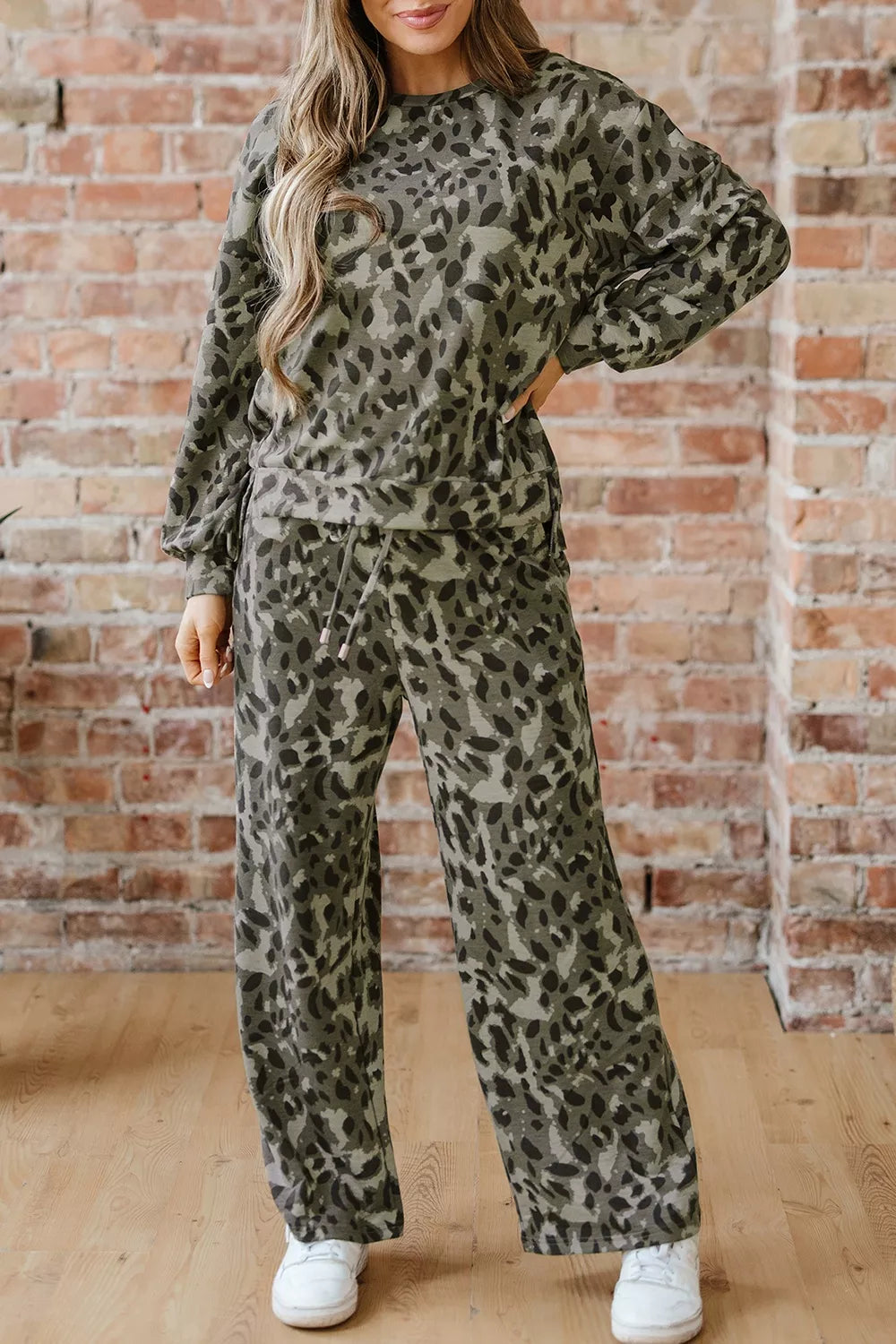 Leopard Print Long Sleeve Top and Pants Set in Moss