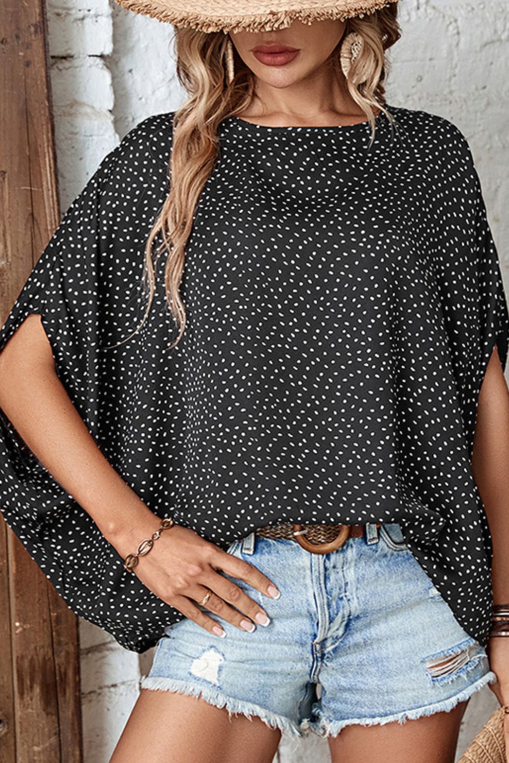 Perfee Printed Dolman Sleeve Round Neck Blouse in Black, view 3