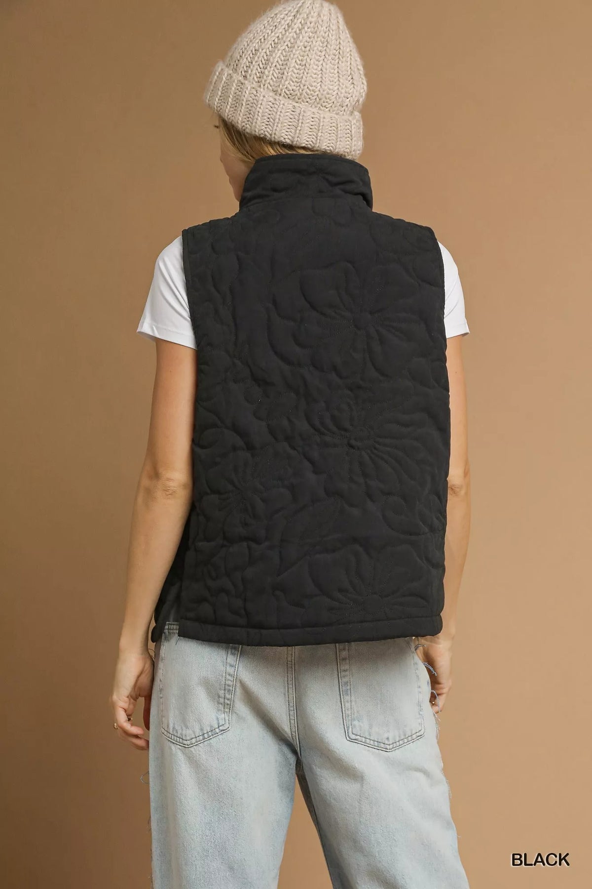 Umgee Quilted Floral Zip Up Vest with Pockets - Lilixa.store