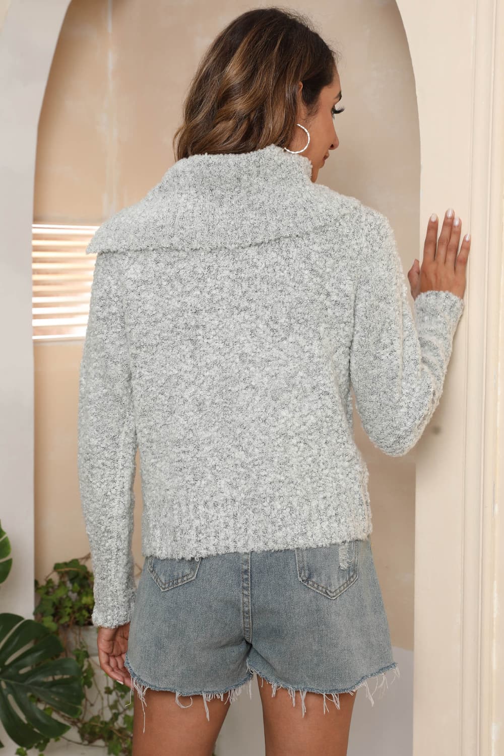 Asymmetrical Neck Long Sleeve Pullover Sweater, view 2