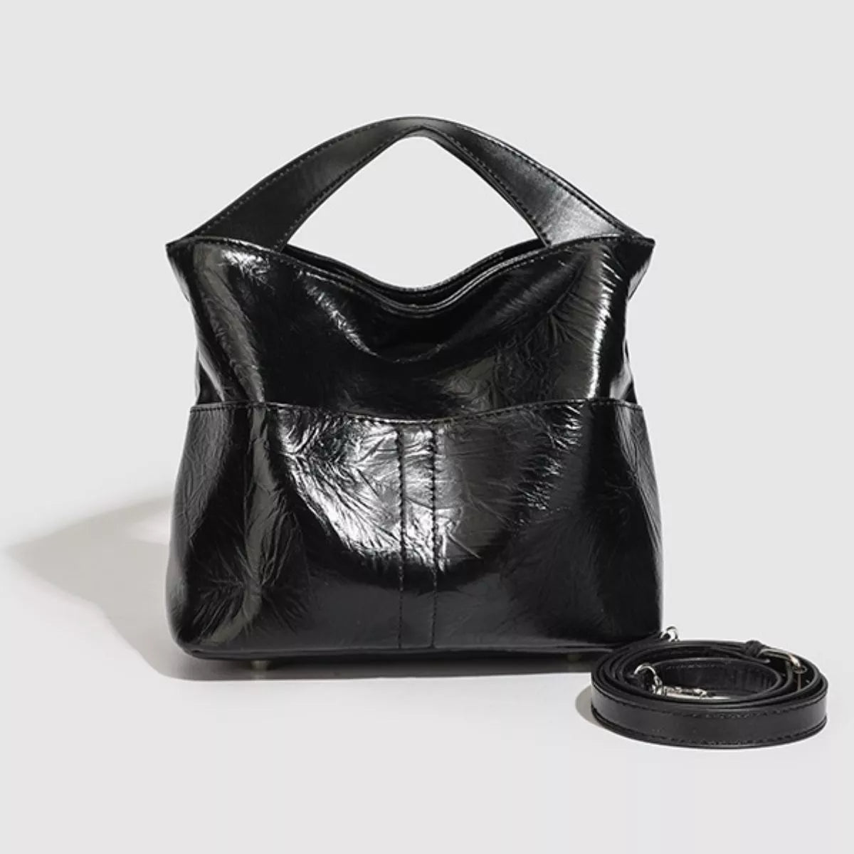 Glossy Patent Leather Minimalist Tote Handbag in Black, view 8