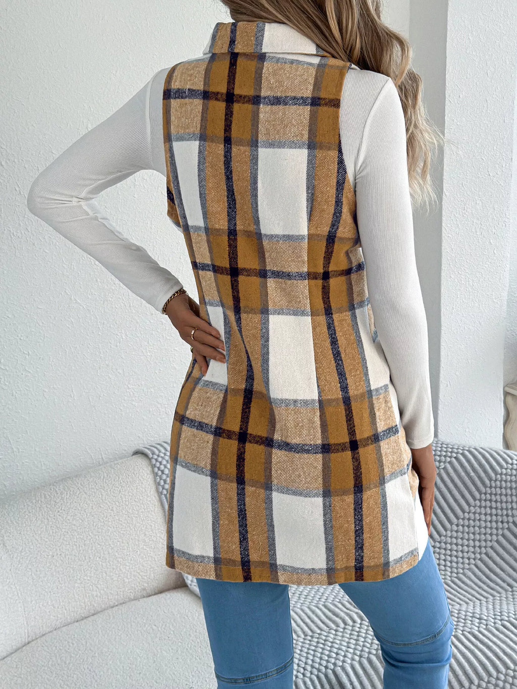 Plaid Double-Breasted Vest Coat - Lilixa.store