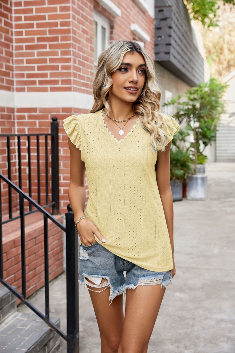 Eyelet Flutter Sleeve Scalloped V-Neck Top - Lilixa.store