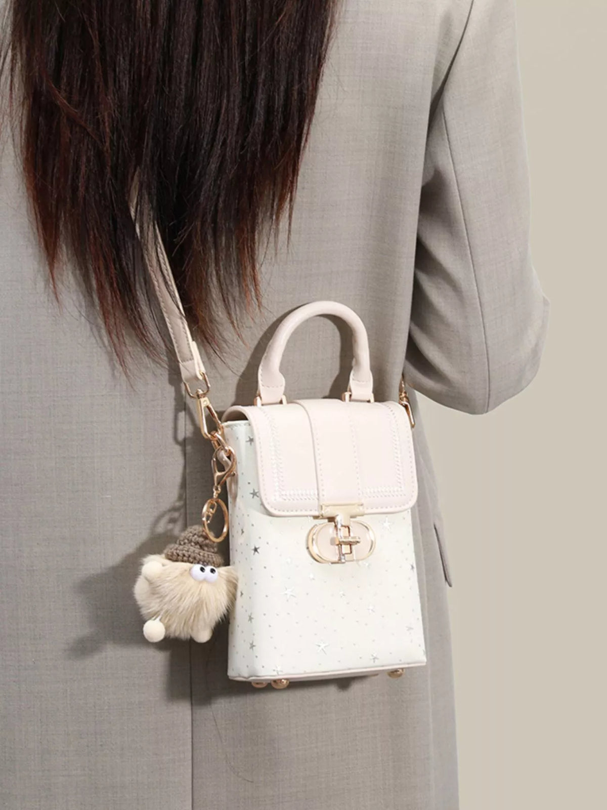 Star-Patterned Mini Crossbody Bag with Plush Charm in White, view 2