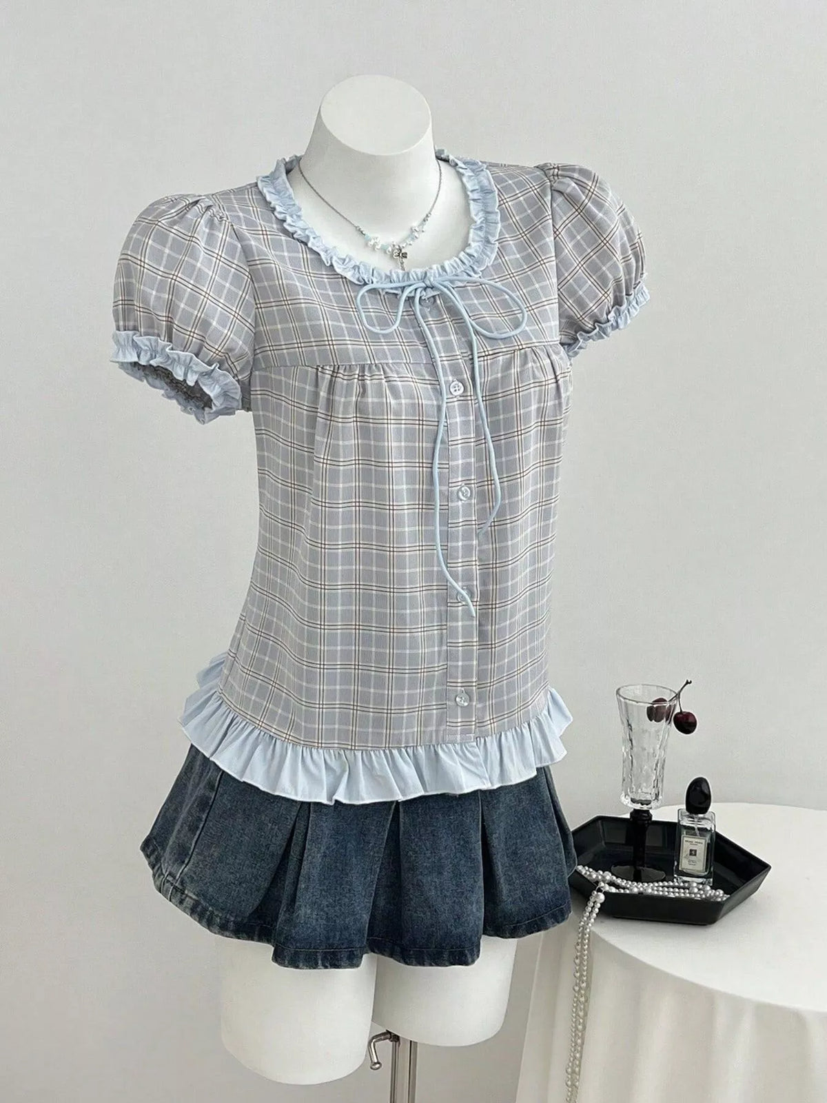 Plaid Ruffle Trim Puff Sleeve Blouse in Blue