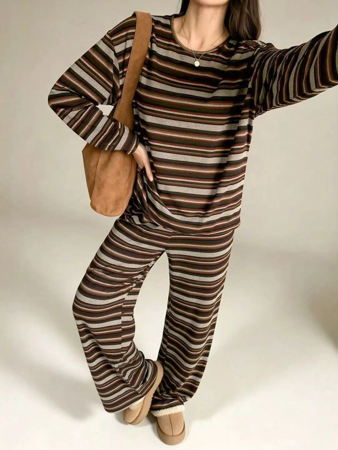 Striped Long-Sleeve Top and Wide-Leg Pants Set - Lilixa.store