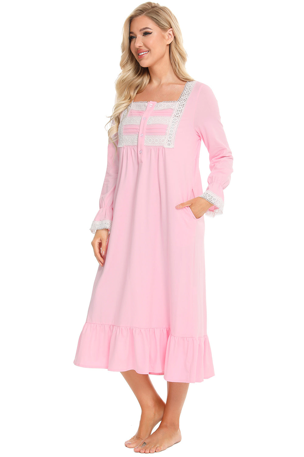 Lace Detail Square Neck Flounce Sleeve Night Dress - Lilixa.store