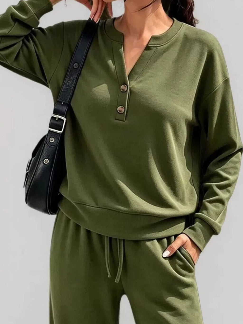 Button Detail Dropped Shoulder Top and Pants Set - Lilixa.store
