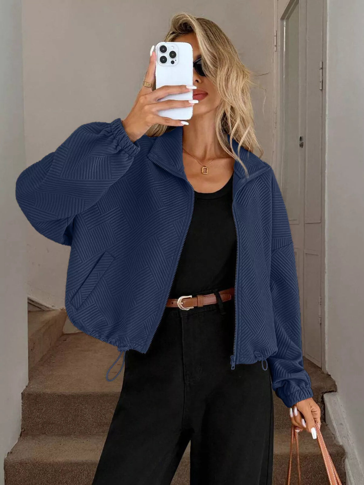 Drawstring Hem Textured Long Sleeve Jacket in Navy