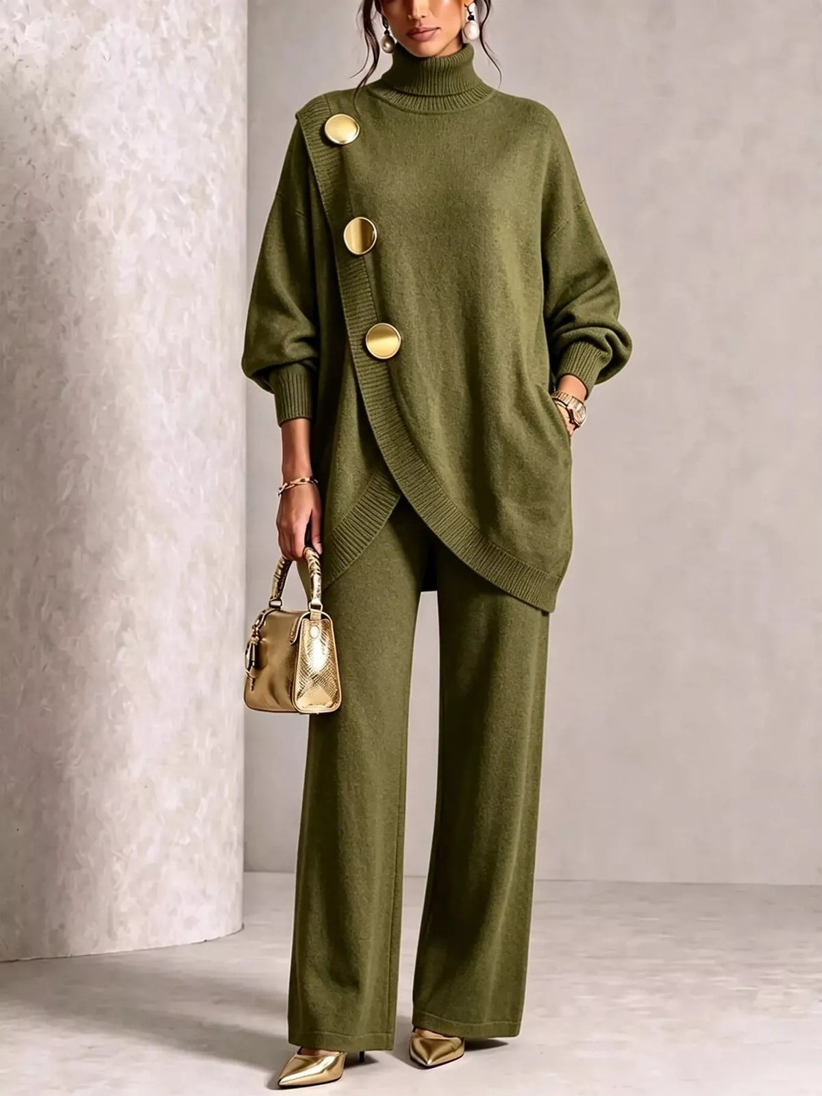 Gold Button Accent Turtleneck Sweater and Pants Set in Army Green