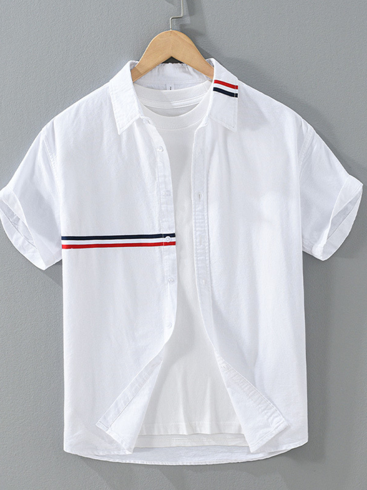 Men's Plus Size Casual Short Sleeve Shirt with Contrast Stripe Detail in White