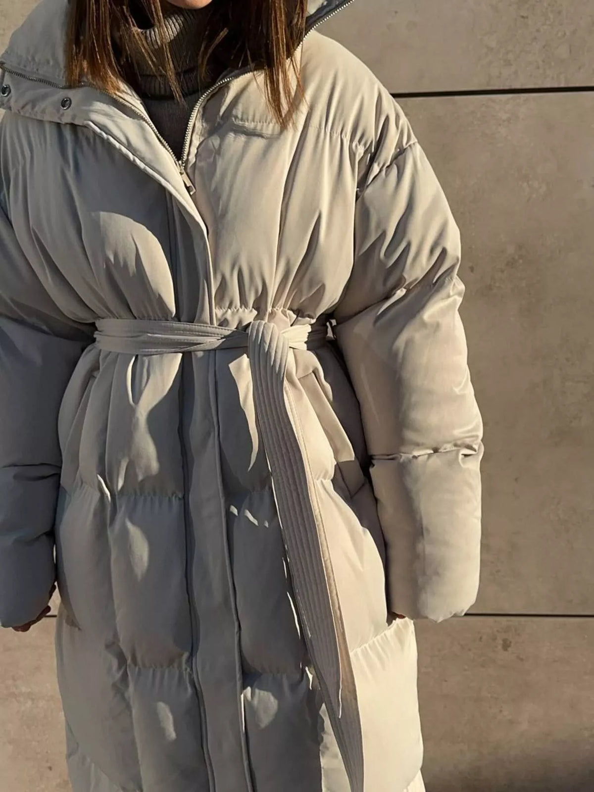 Longline Padded Winter Coat with Belted, view 5