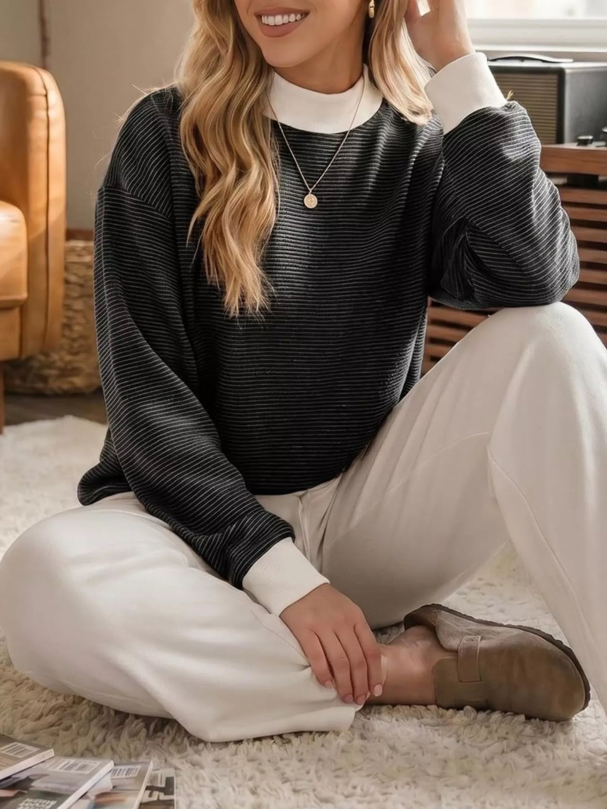 Casual Mock Neck Striped Long Sleeve T-Shirt