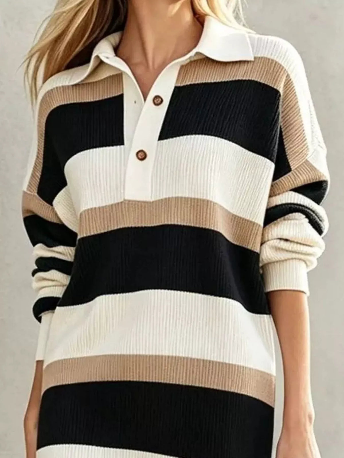 Striped Polo Collar Long Sleeve Sweater Dress - Lilixa.store
