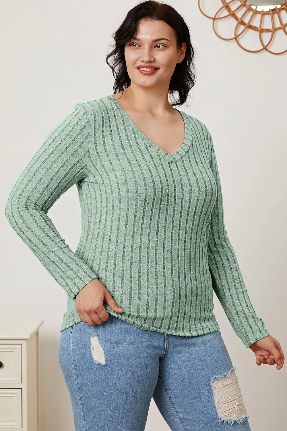 Basic Bae Full Size Ribbed V-Neck Long Sleeve T-Shirt - Lilixa.store