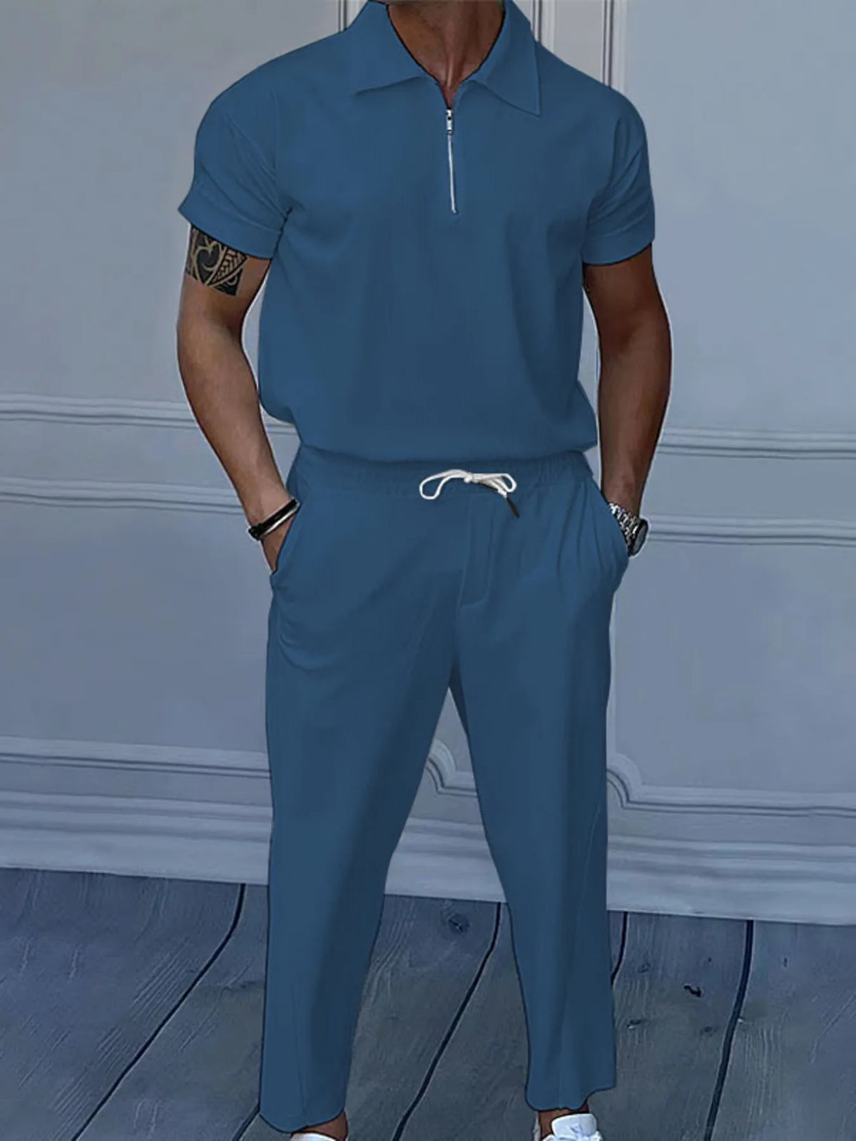 Men's Full Size Quarter Zip Short Sleeve Polo and Pants Set Plus Size in Sea blue