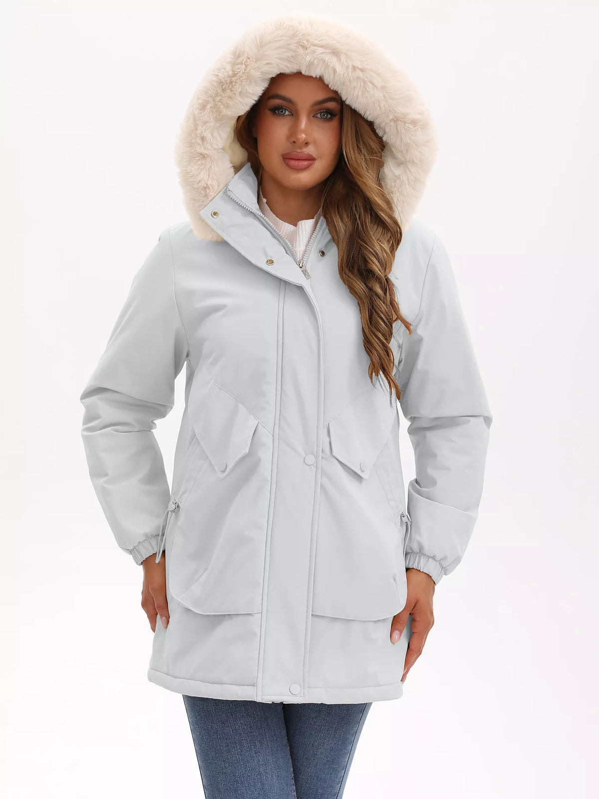 Full Size Fur Hooded Warm Winter Parka Outerwear Plus Size in Gray