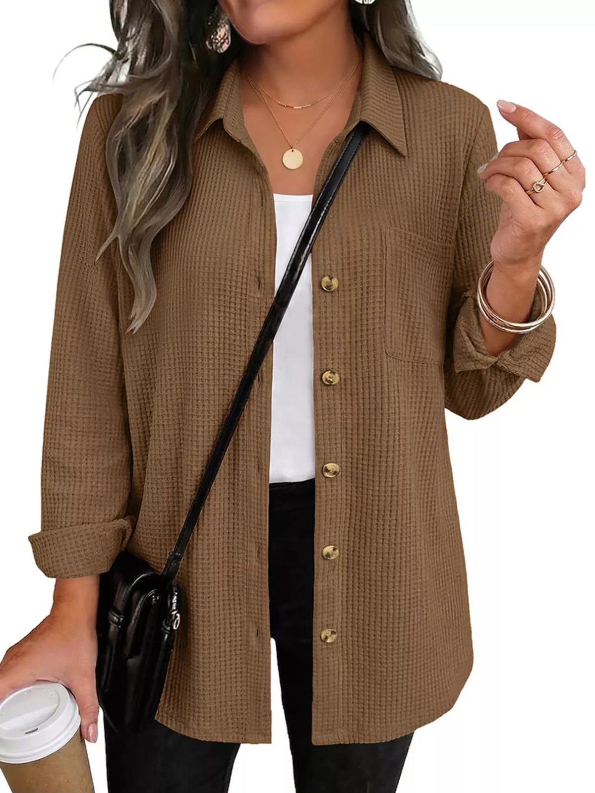 Waffle Knit Button-Down Long Sleeve Shirt - Lilixa.store
