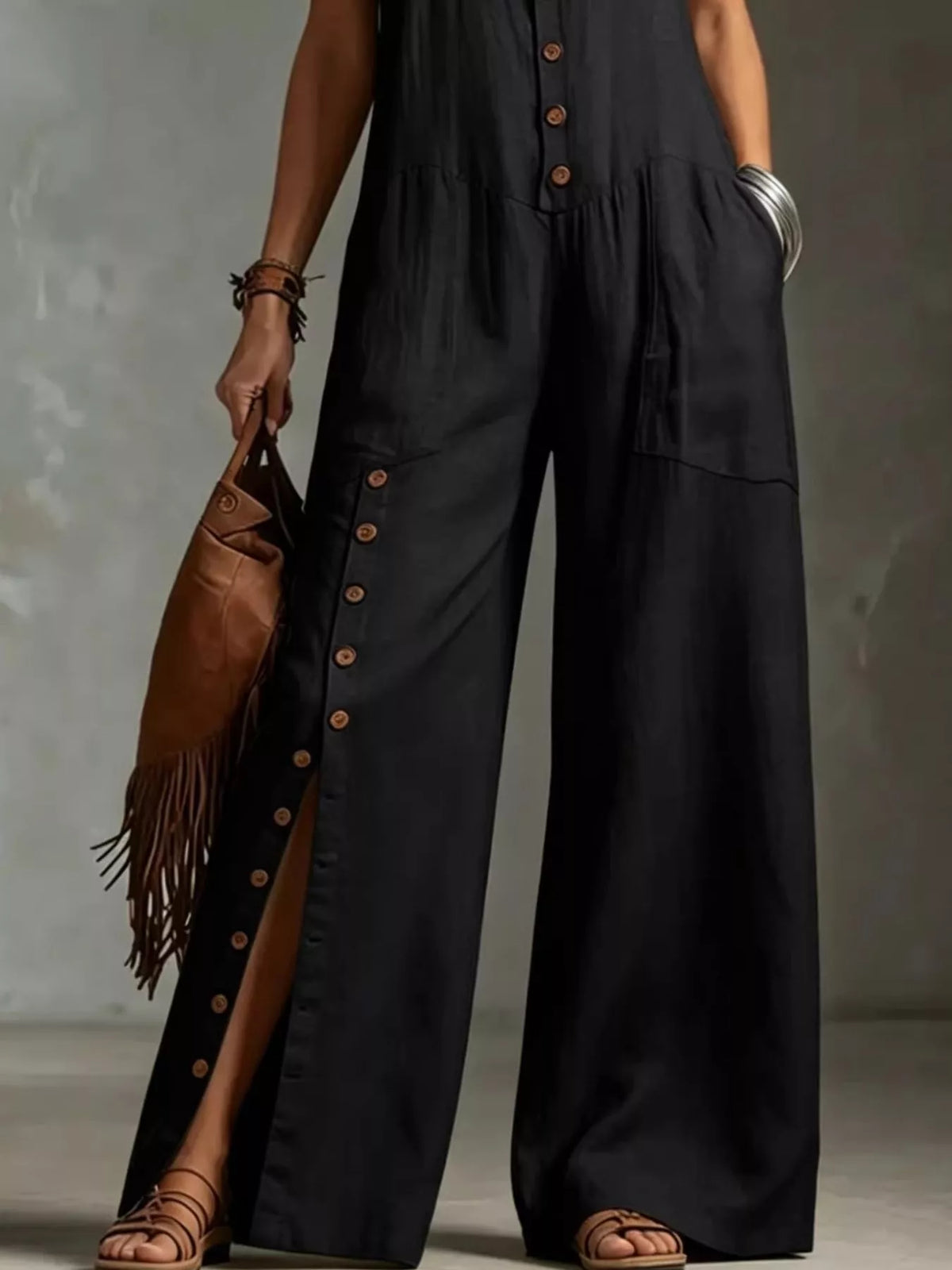 Full Size Sleeveless Button Front Wide Leg Jumpsuit Plus Size - Lilixa.store