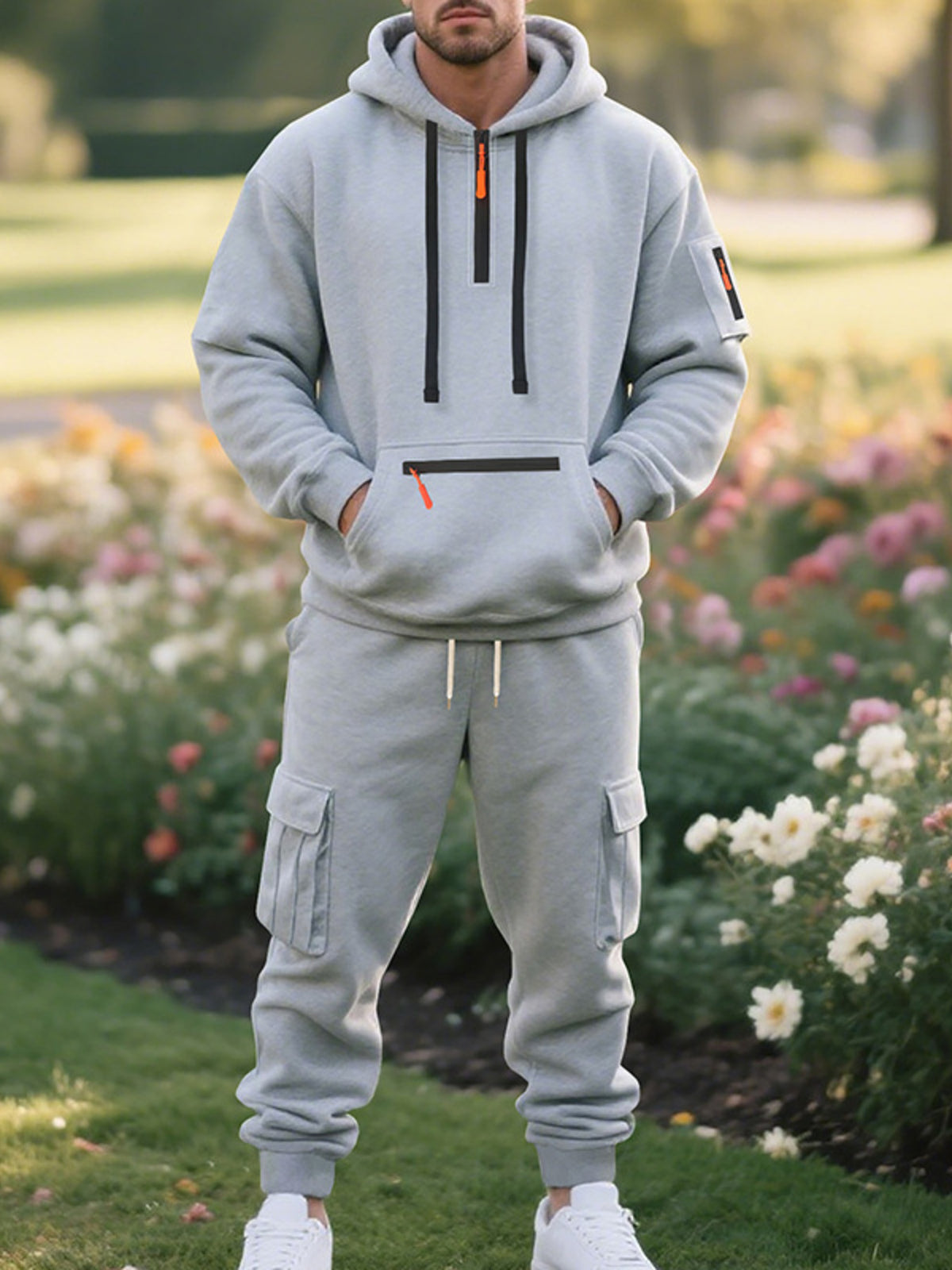Men's Plus Size Tactical Cargo Hoodie and Jogger Set in Light Gray