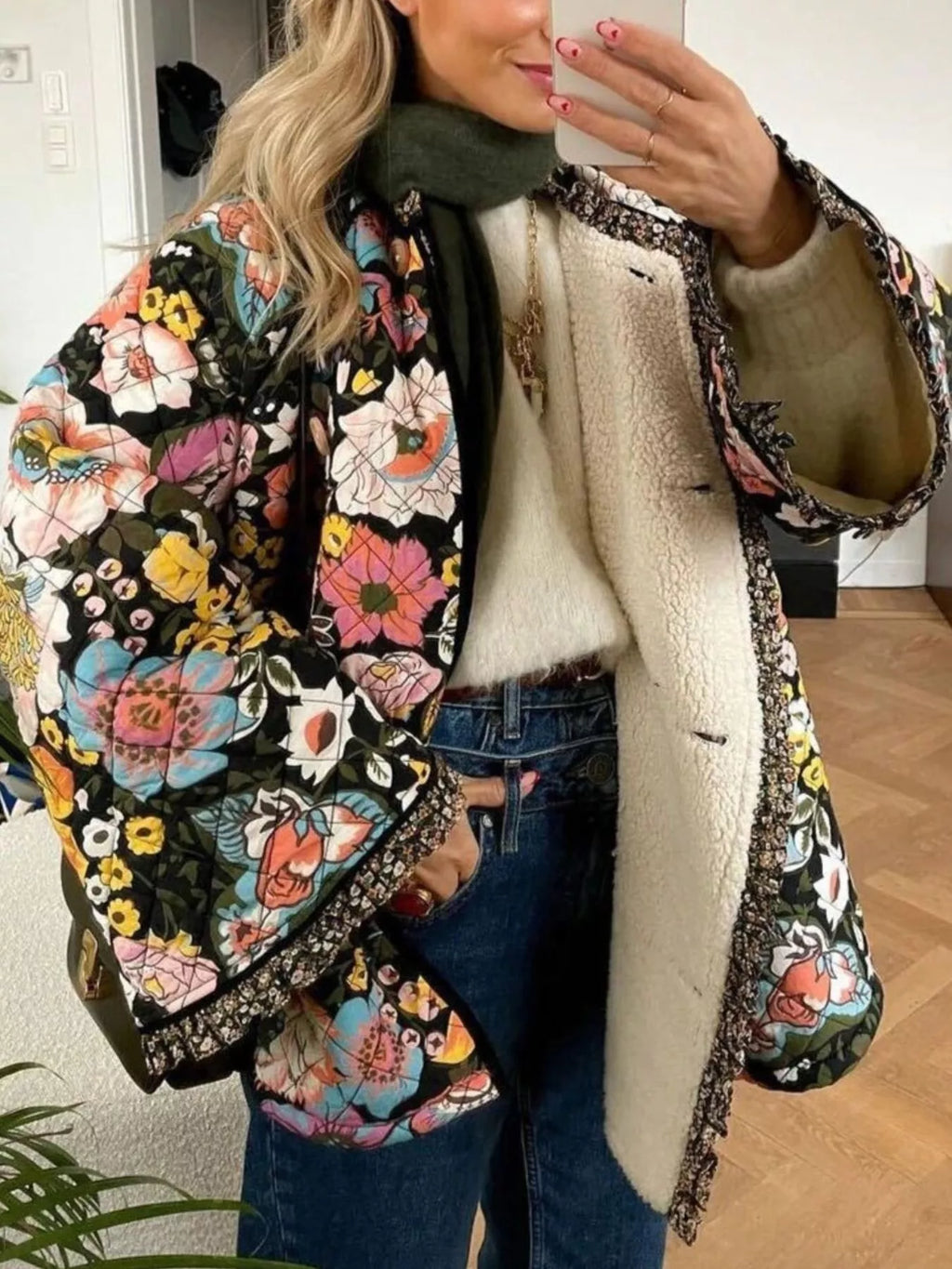 Full Size Floral Print Quilted Sherpa-Lined Jacket Plus Size - Lilixa.store