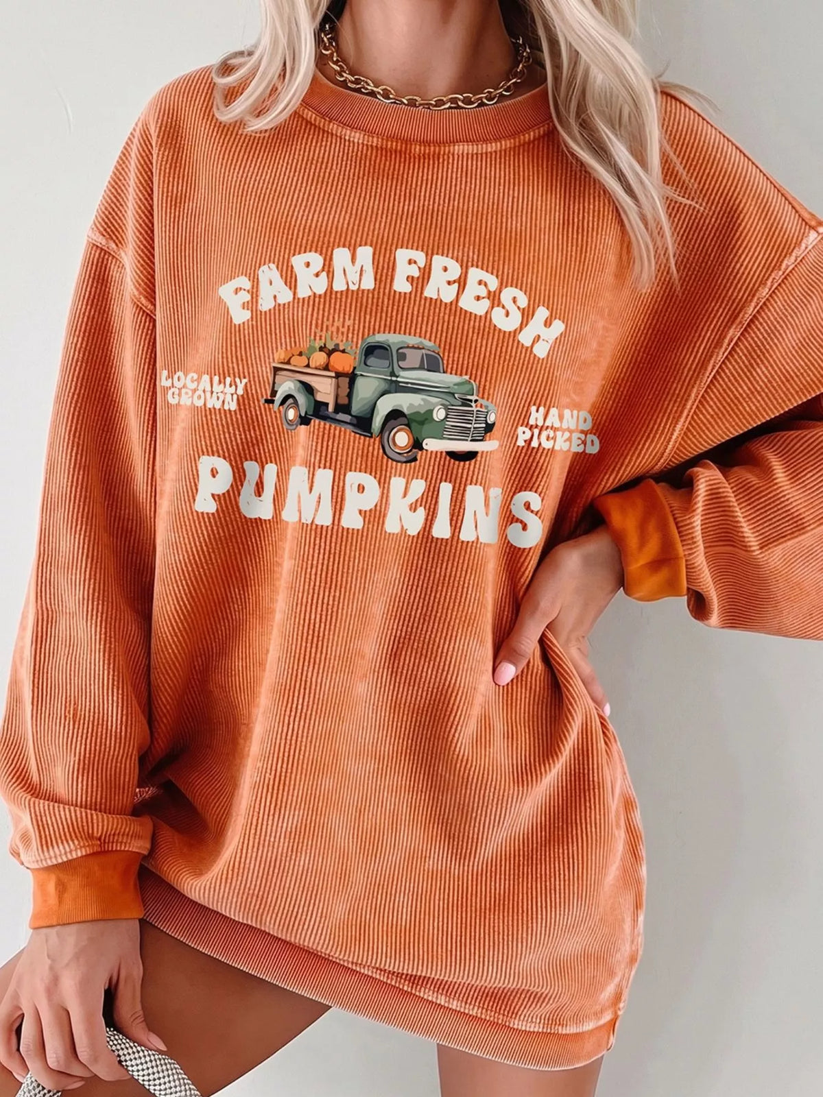 Corded Ribbed Farm Fresh Pumpkins Graphic Sweatshirt - Lilixa.store
