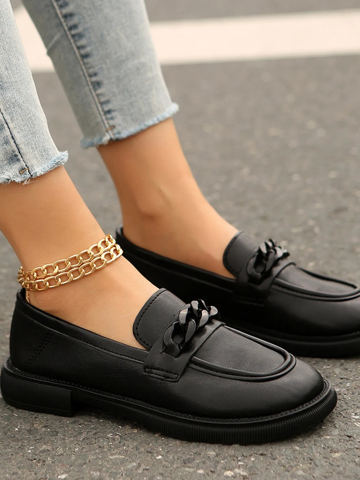 Chain Detail Leather Loafers in Black, view 5