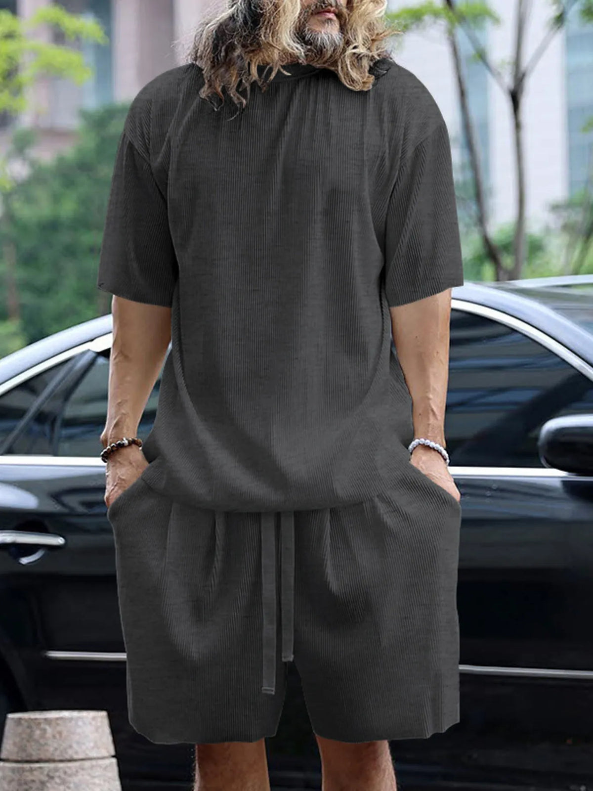 Men's Full Size Round Neck Short Sleeve Top and Shorts Set Plus Size in Dark Gray