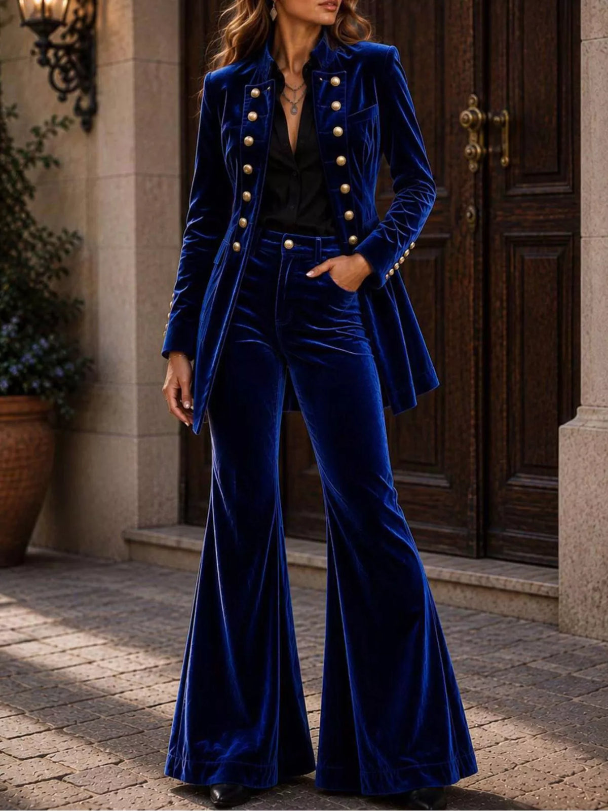 Velvet Double-Breasted Blazer and Flare Pants Set in Blue
