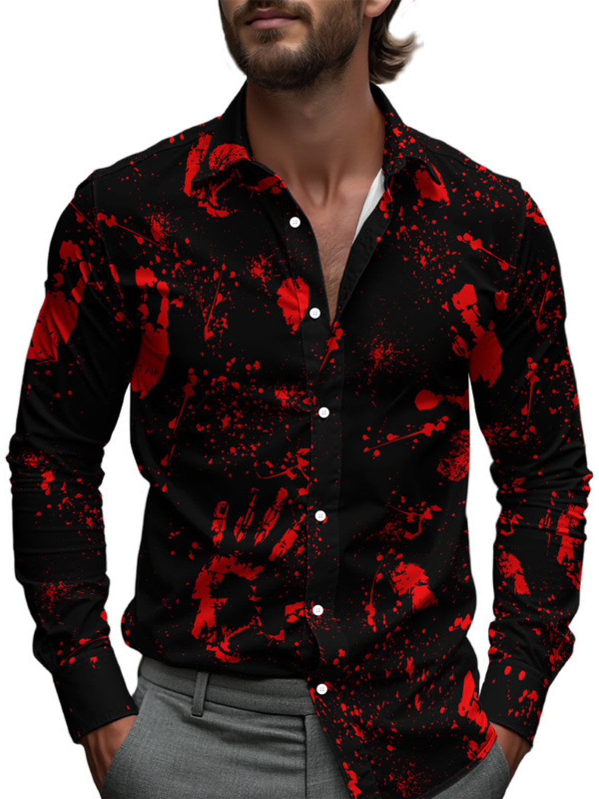 Men's Full Size Halloween Print Long Sleeve Button-Down Shirt Plus Size