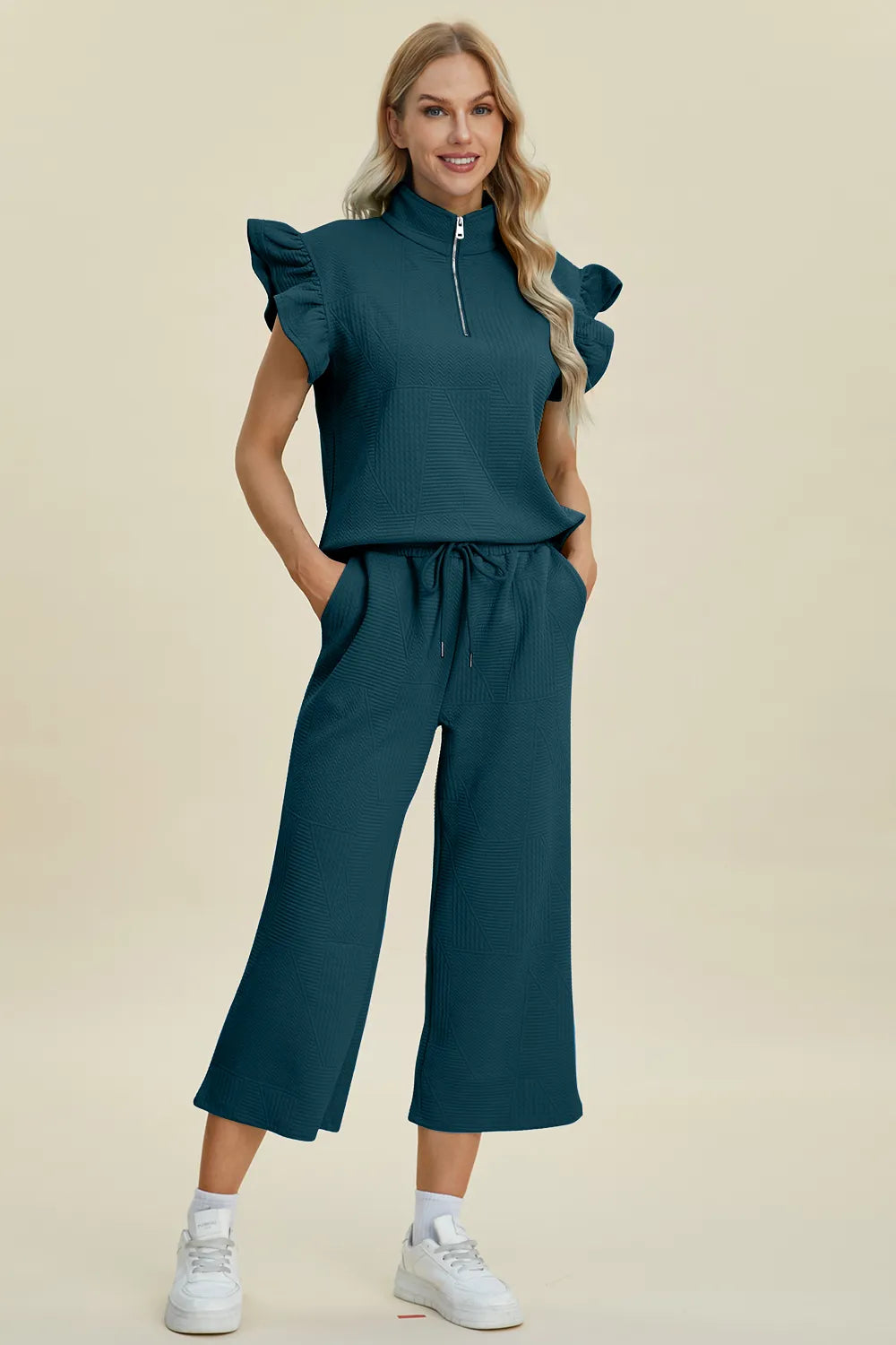 Double Take Full Size Texture Ruffle Short Sleeve Top and Wide Leg Pants Set in Deep Teal