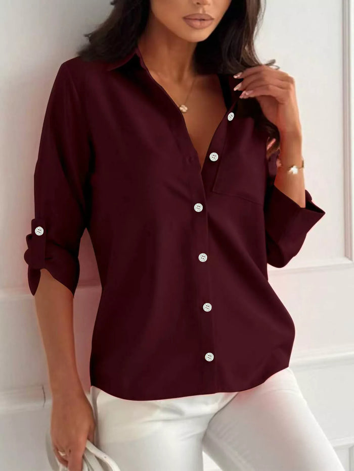 Button-Down Roll-Up Sleeve Shirt in Burgundy