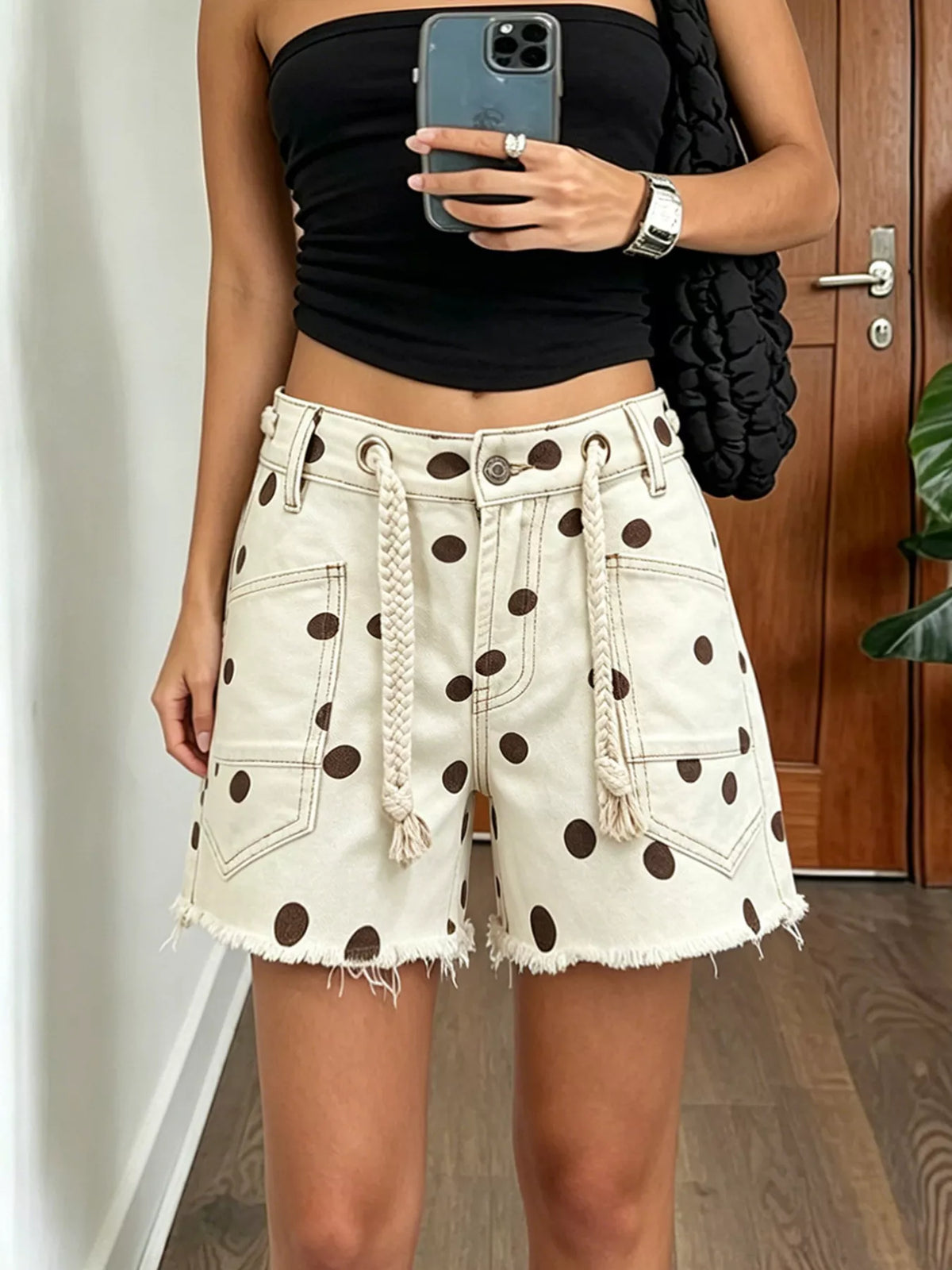Polka Dot Denim Shorts with Braided Drawstring - Lilixa.store