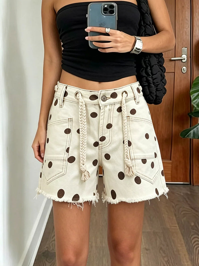 Polka Dot Denim Shorts with Braided Drawstring - Lilixa.store