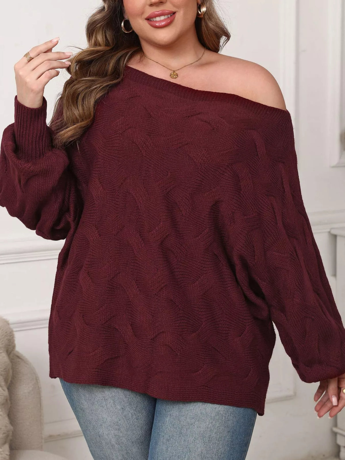 Plus Size Off-Shoulder Long Sleeve Sweater - Lilixa.store