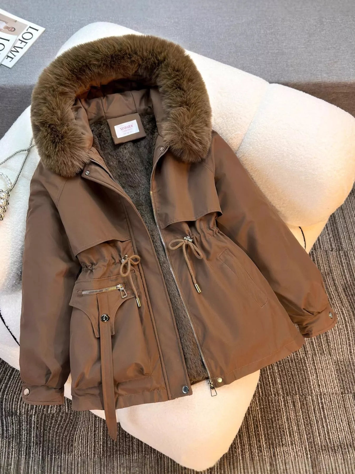 Plus Size Faux Fur Hooded Drawstring Waist Winter Parka Outerwear, view 2