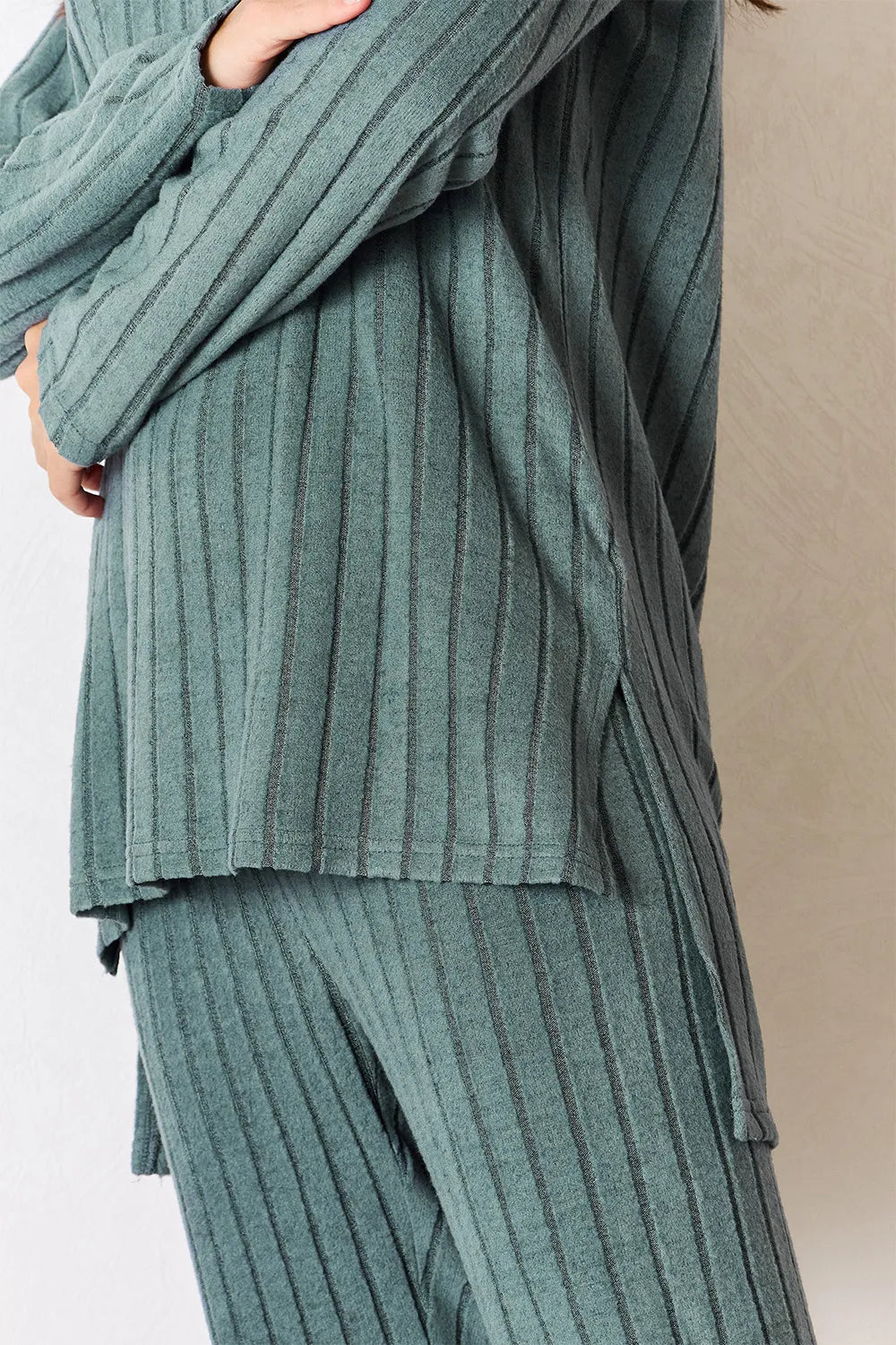 Basic Bae Full Size Ribbed Round Neck High-Low Slit Top and Pants Set - Lilixa.store