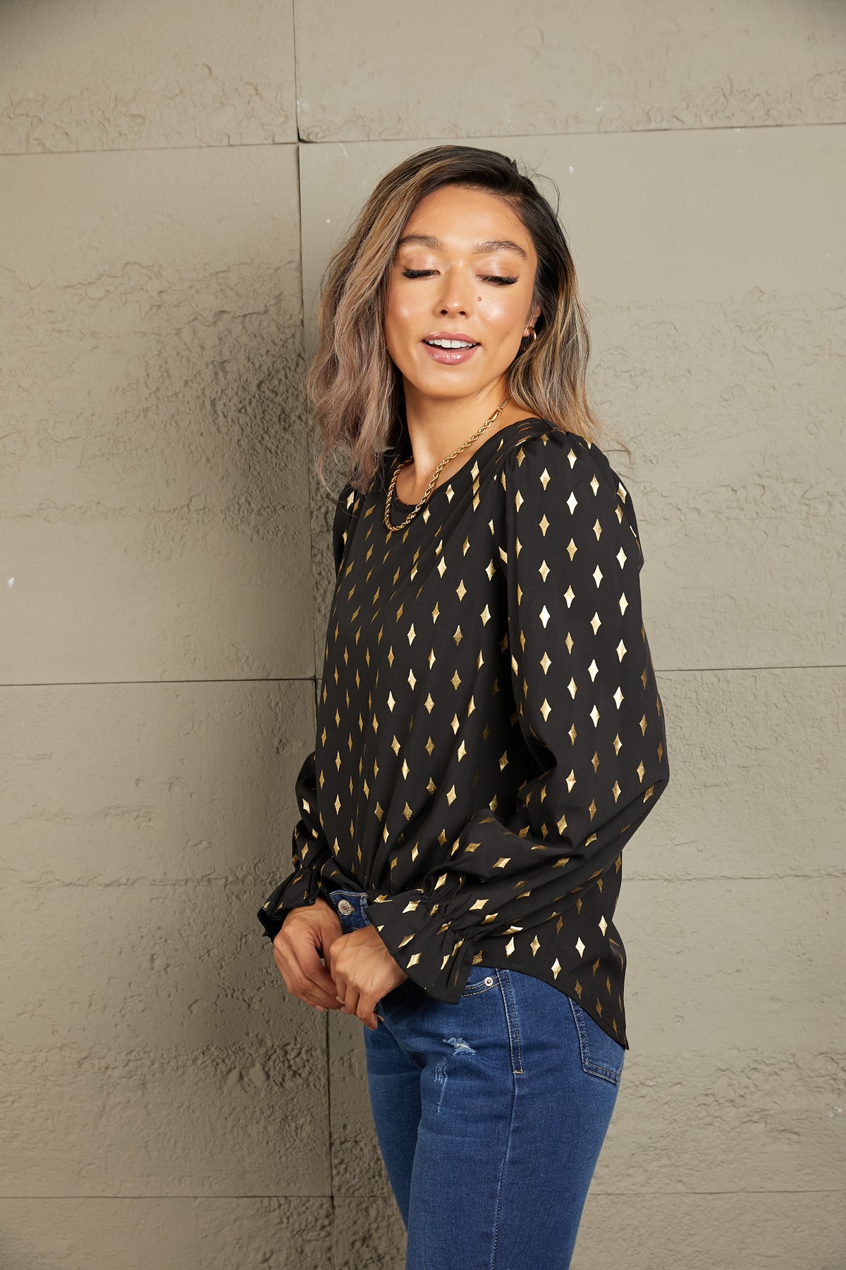 Perfee Printed Round Neck Flounce Sleeve Blouse - Lilixa.store
