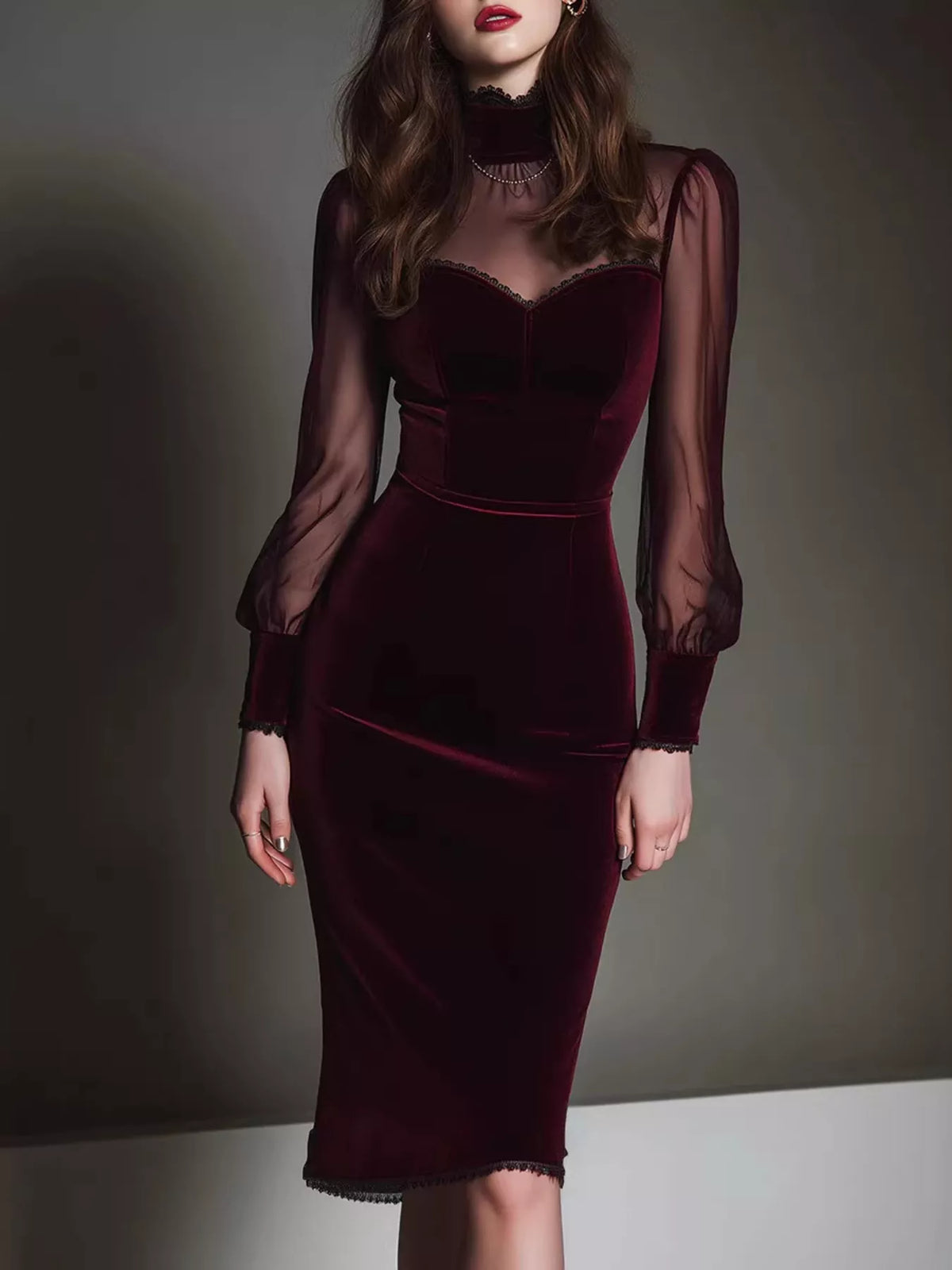 Velvet Bodycon Dress with Sheer Mesh Sleeves - Lilixa.store