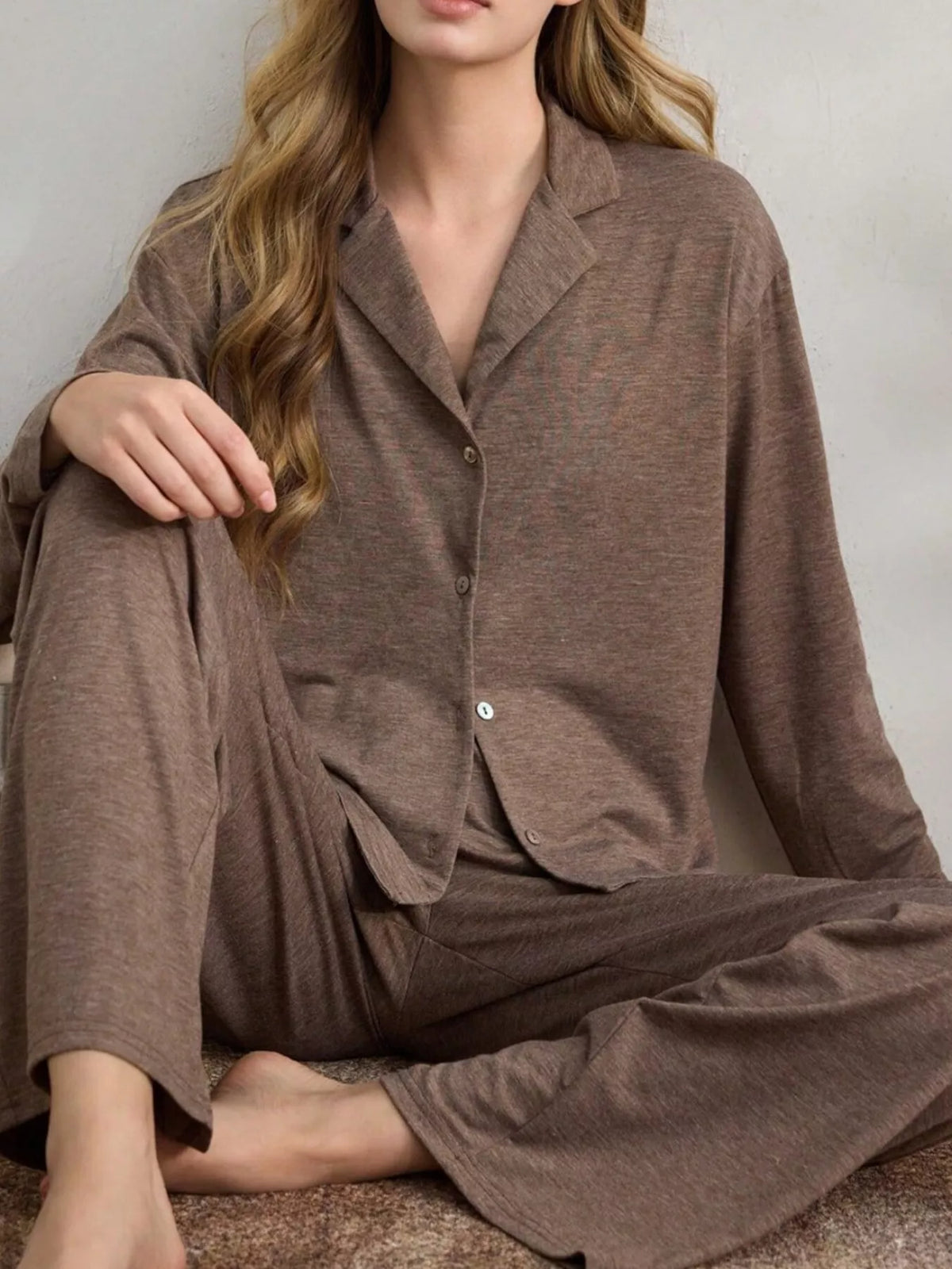 Button-Down Top and Wide-Leg Pants Lounge Set - Lilixa.store