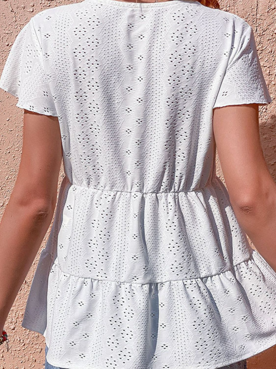 Perfee Button Front Eyelet Flutter Sleeve Tiered Blouse in White, view 2