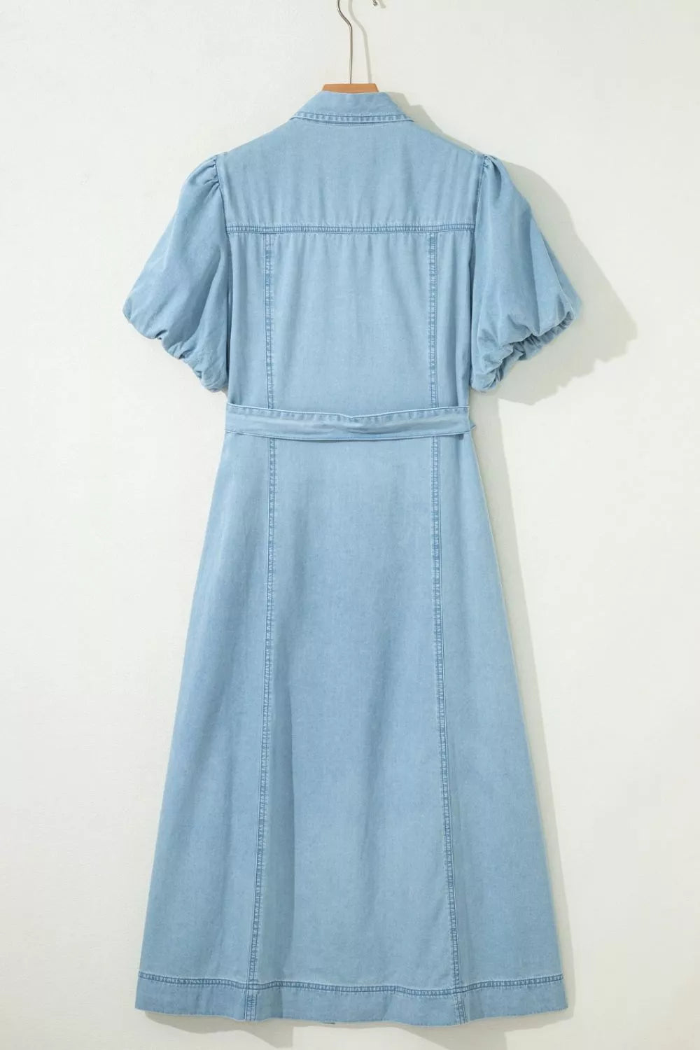 Full Buttons Collared Short Bubble Sleeve Long Denim Dress in Light Blue, view 9