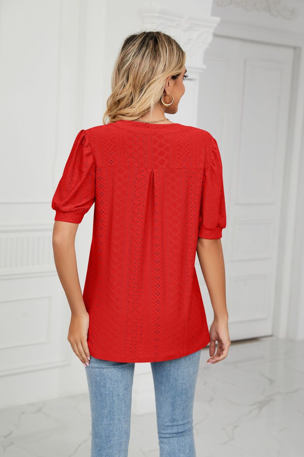 Eyelet Short Puff Sleeve Notched Neck Top, view 26