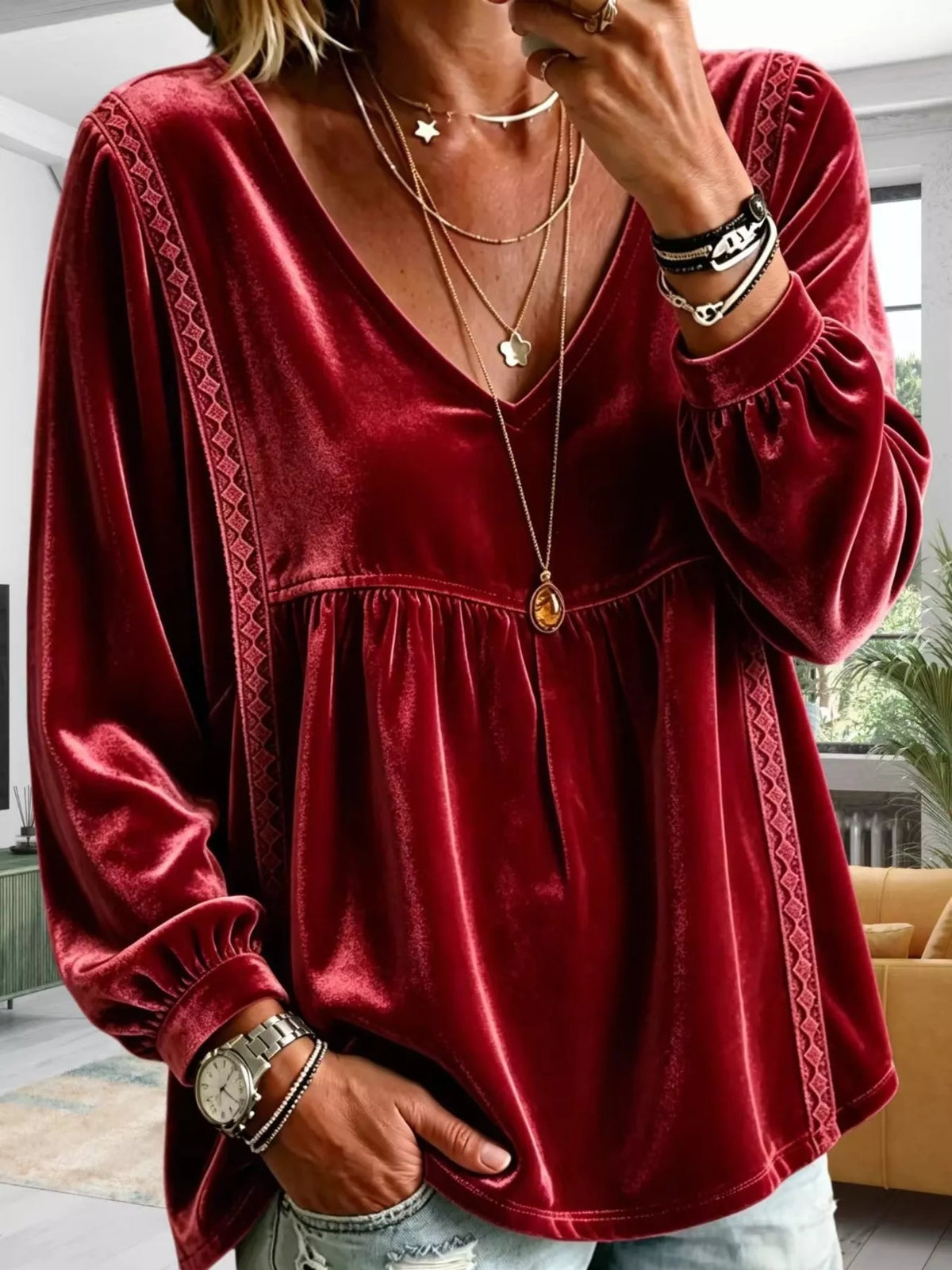Full Size Velvet Lace Detail V-Neck Blouse Plus Size - Lilixa.store