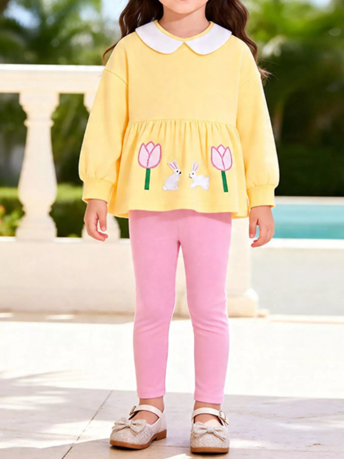Children's Peter Pan Collar Bunny Peplum Sweatshirt and Leggings Set in Light Yellow