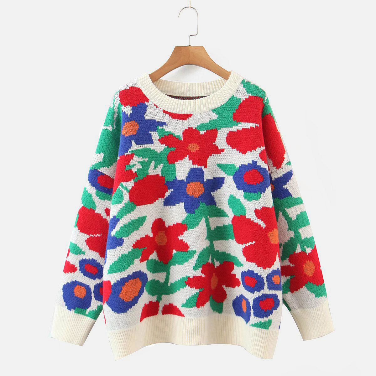 Floral Round Neck Drop Shoulder Sweater in White