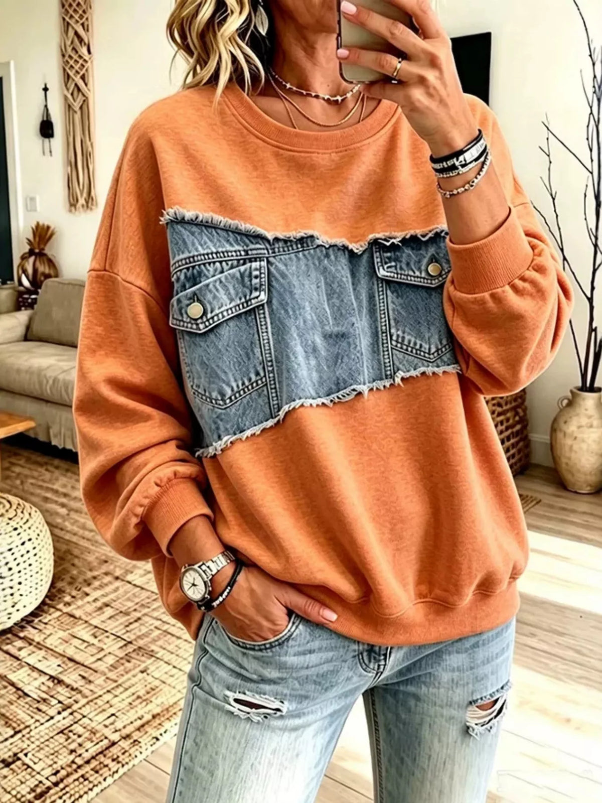 Full Size Denim Patchwork Dropped Shoulder Sweatshirt Plus Size - Lilixa.store